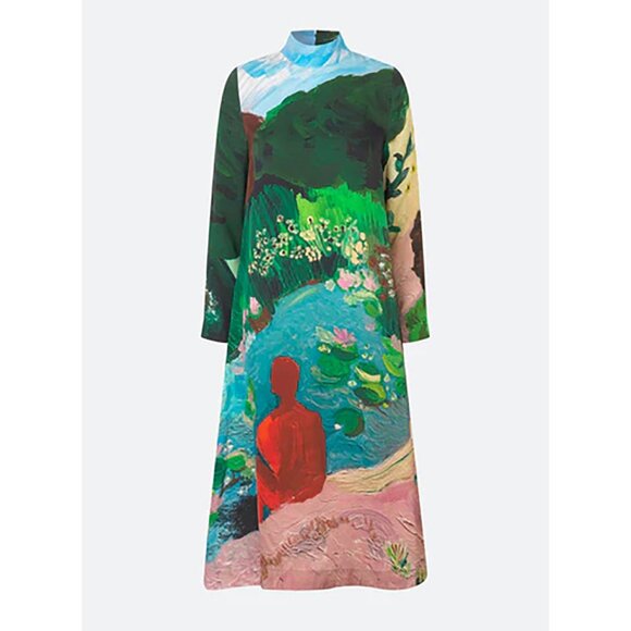 NWT Stine Goya Long Sleeve Midi Dress Summer House Mock Neck Person Painting M - Picture 1 of 16